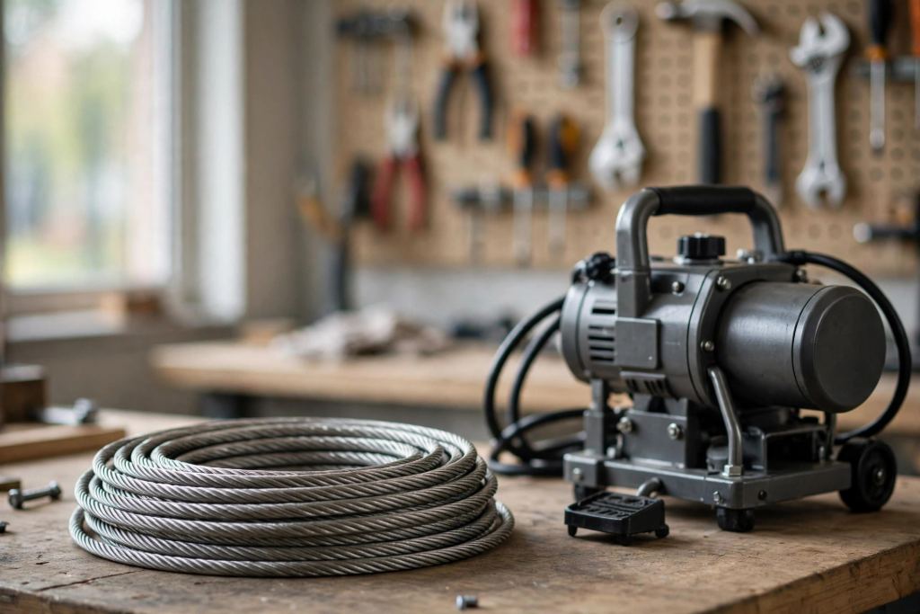 Coiled drain cleaning cable and professional equipment ready for a service call