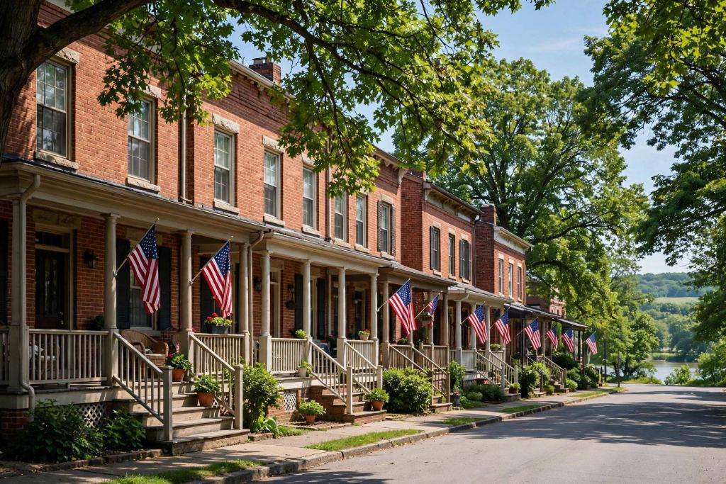 Brick row homes with porches on a sunny street