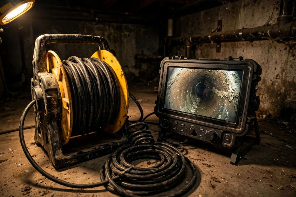 A drain inspection camera reel and monitor showing the inside of a pipe in a basement