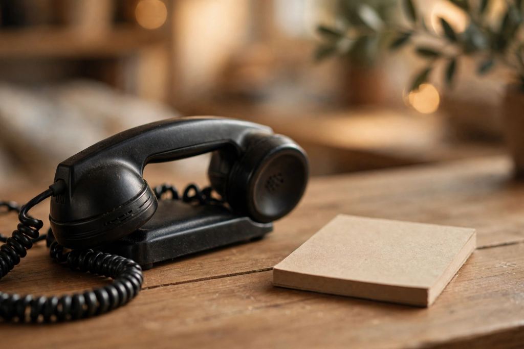 A telephone handset on a wooden desk, ready for a call to Columbia Drain Cleaning Co.