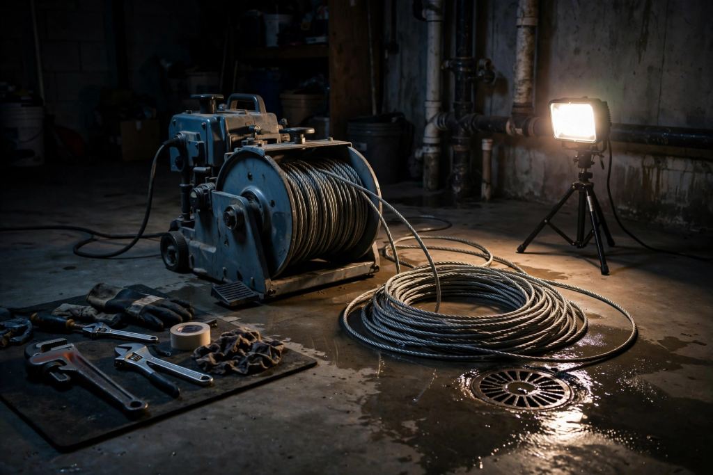 Drain cleaning equipment set up in a basement at night