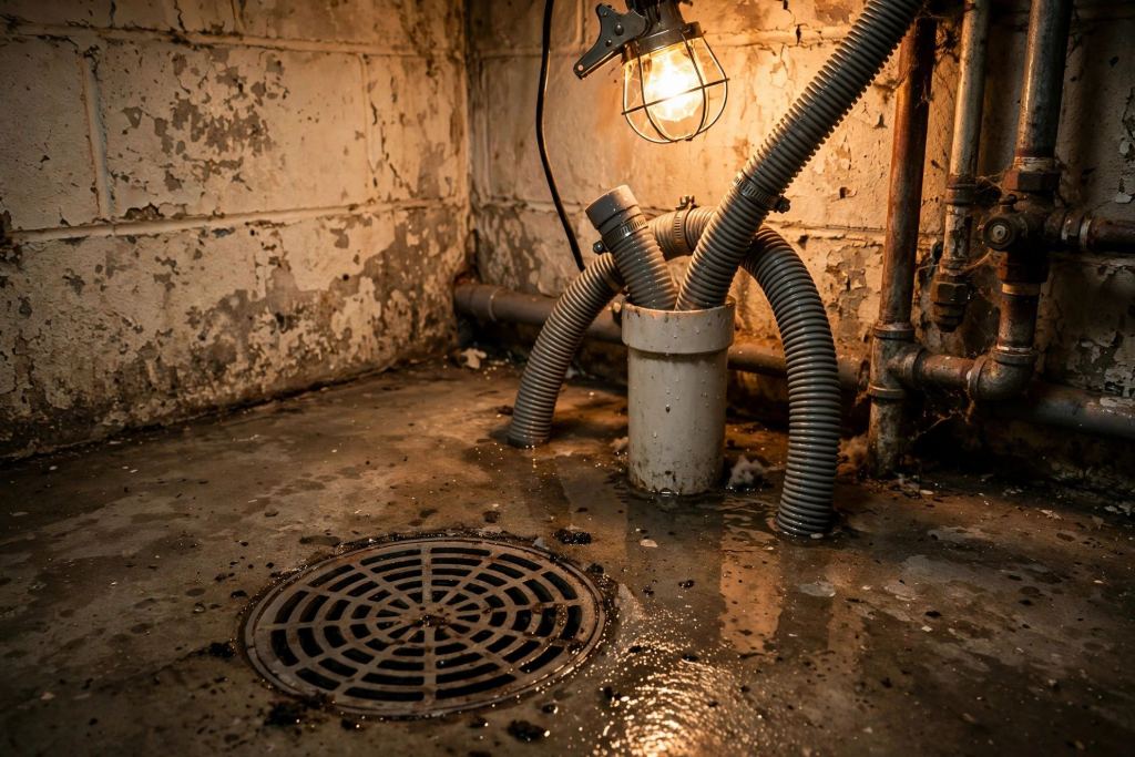A basement floor drain and laundry standpipe in a home