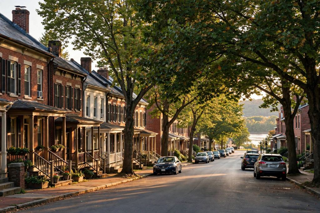 Brick row homes on a tree-lined street in late afternoon light