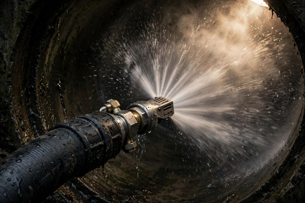 A hydro jetting nozzle spraying high-pressure water inside a drain pipe