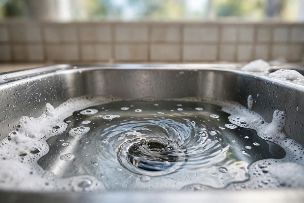 Soapy water swirling down a kitchen sink drain in a home