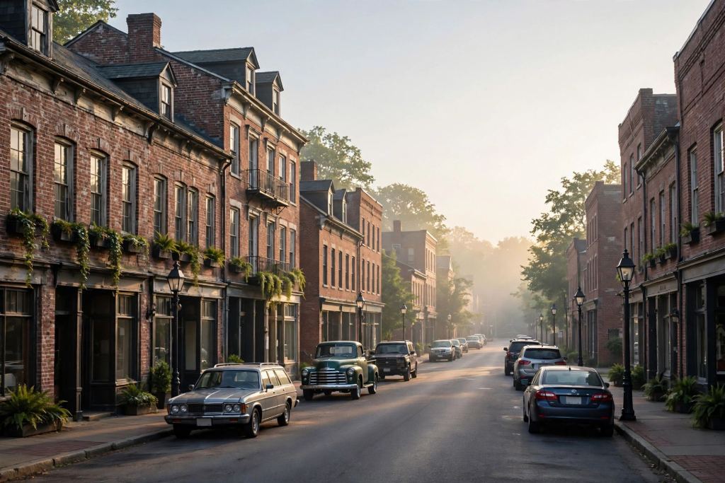 Historic brick storefronts and homes along a main street in morning light