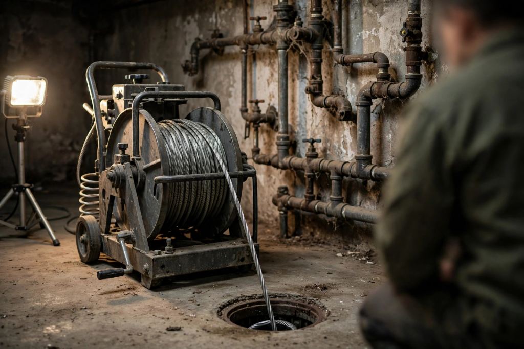 A drain cleaning cable machine feeding cable into a floor drain in a basement
