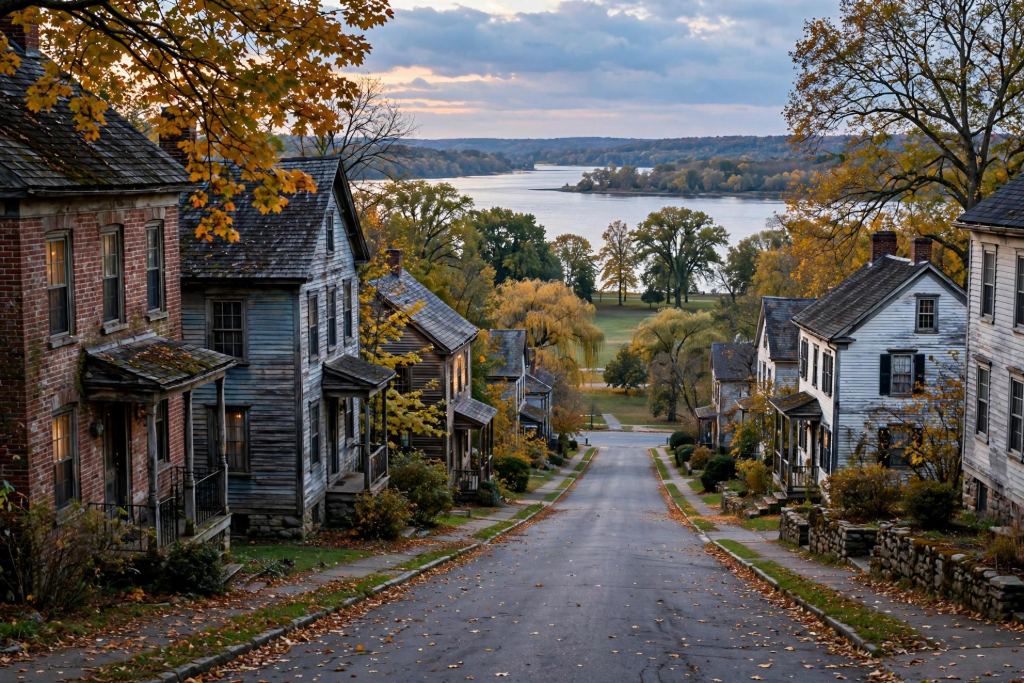 Older homes on a quiet, sloped street in late afternoon light
