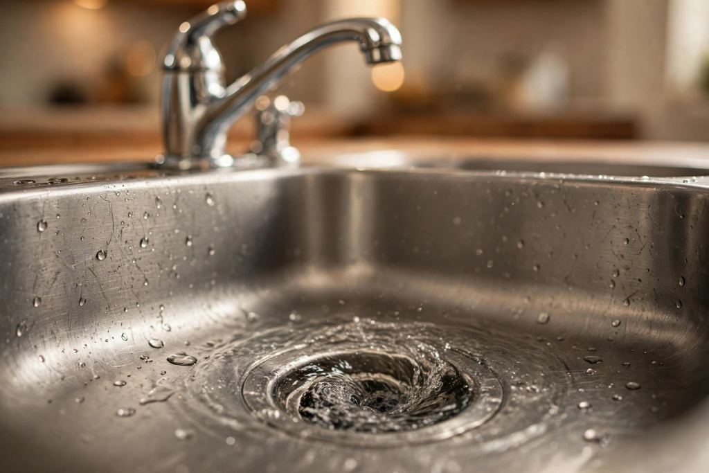 Water swirling down a stainless steel kitchen sink drain in a home