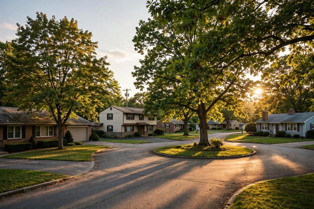A suburban street with ranch homes and lawns